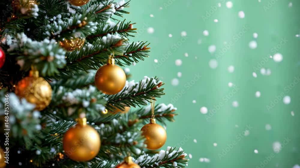 Festive Christmas Tree with Ornaments and Snowflakes on Green Background Festive Christmas Tree with Ornaments and Snowflakes on Green Background