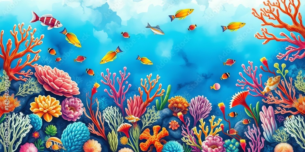 Naklejka premium Vibrant watercolor coral reef seamless pattern featuring diverse marine life and plants, coral reef, fish