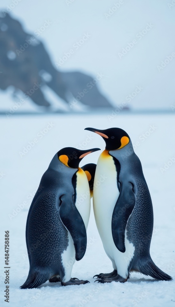 Fototapeta premium Penguins huddled together on snowy landscape, cold wind blowing, icy, nature