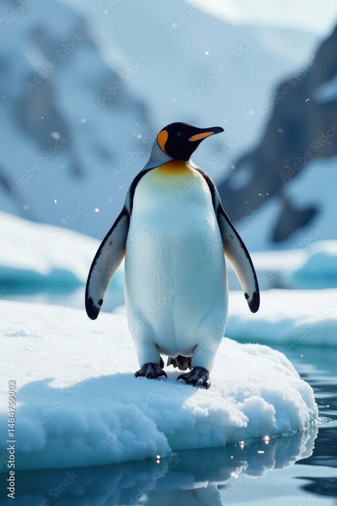 Naklejka premium Penguin waddling on Antarctic ice sheet with frosty air and sparkling snowflakes, ice, nature