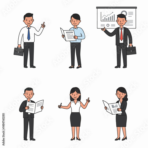 Business Professionals in Action: Illustrated individuals showcase various business activities, including presentations, discussions, and carrying a briefcase.
