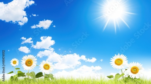 Bright Sunflower Field Under Clear Blue Sky with Fluffy White Clouds and Radiant Sunlight