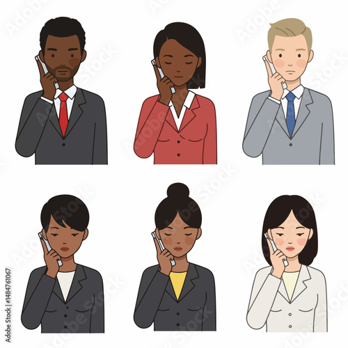 Diverse Professionals on the Phone: A collection of six diverse business professionals engaging in phone conversations. Each individual is absorbed in their respective calls.