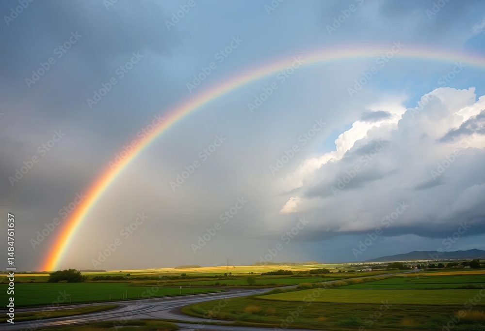 Naklejka premium Vibrant double rainbow arcing across a rain-washed landscape, sunlight breaking through clouds, spectrum, clean