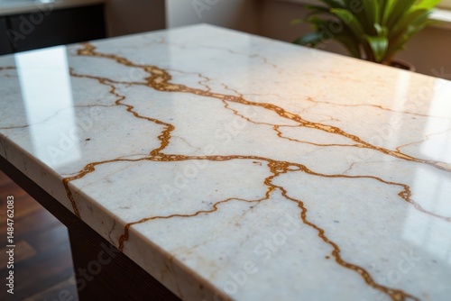 Polished marble tabletop with intricate veining, material, surface