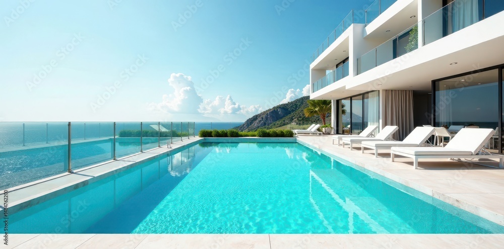 Fototapeta premium Pool at rooftop hotel with turquoise waters and white lounge chairs, Cancun architecture, hotel