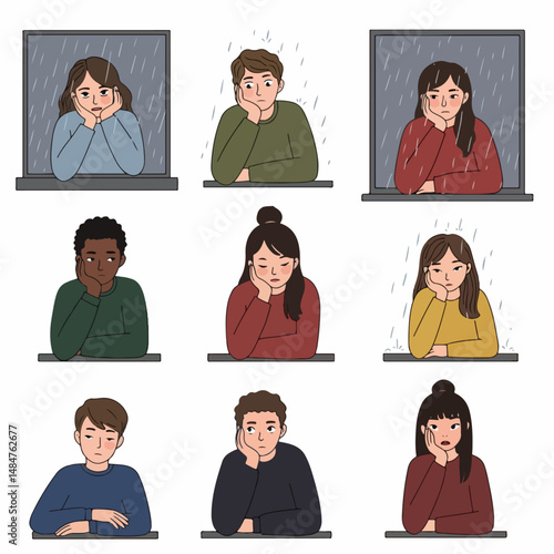 Melancholy Windows: A collection of nine individuals each gazing out a window in the rain, their postures exuding pensive and introspective expressions. Capturing a mood of solitude.