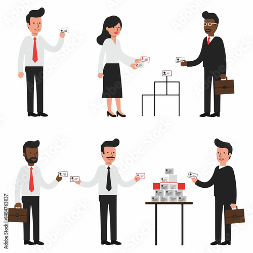 Business People Exchanging Cards: Diverse businesspeople exchanging cards, showcasing networking, collaboration, and deal-making.
