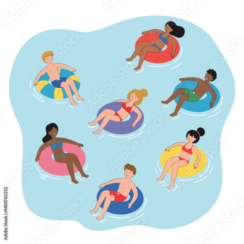 Summer Pool Fun: A vibrant and diverse group of friends enjoys a relaxing afternoon in a pool, floating on colorful inner tubes.  The illustration captures the carefree spirit of summer.