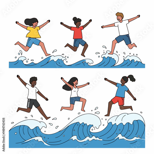 Surfing Excitement: A vibrant illustration captures a group of joyful individuals leaping through dynamic waves, embodying the thrill and exhilaration of the surf. 