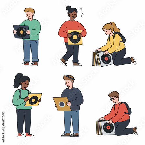 Vinyl Enthusiasts: Diverse individuals engage with vinyl records, exploring vintage music culture, capturing the nostalgic spirit and the tangible experience of music. 
