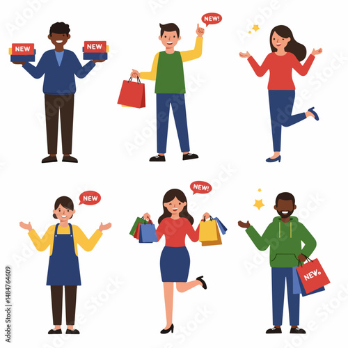 Illustration Shoppers: diverse shoppers happily displaying newly purchased items or pointing at something with excitement, in a clean modern illustration.