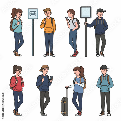 Waiting for Transit: A collection of diverse individuals, each poised at a transit stop, ready for their journey with a blend of anticipation and the everyday hustle, capturing the essence of travel