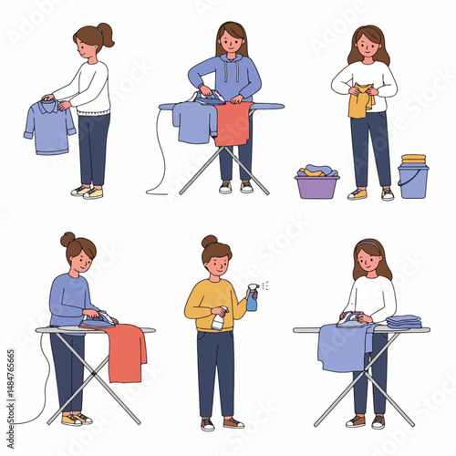 Household Chores Cartoon Illustration: An illustrated set of six images featuring a young woman performing various household chores, including ironing, folding laundry, and spraying fabric freshener.