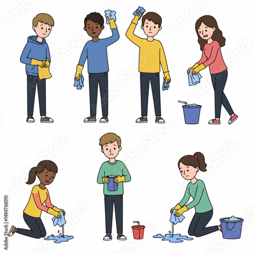 Diverse Team Cleaning: A vibrant and cheerful illustration of six diverse individuals engaged in a variety of cleaning tasks, showcasing a collaborative spirit and the importance of teamwork.