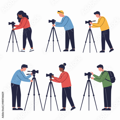 Photographers at Work: Diverse group of photographers using tripods and cameras, capturing moments.