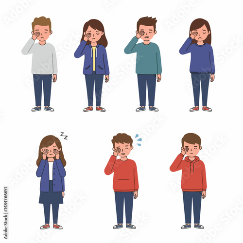 Feeling drowsy illustration: Group of person is in various stages of tiredness, from yawning and rubbing their eyes, this image can be used to illustrate subjects like exhaustion, sleep, fatigue.