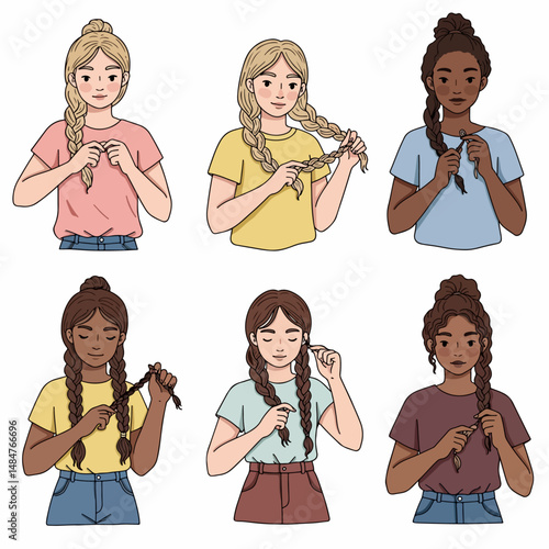 Hair Braiding Tutorial: A step-by-step guide on braiding hair, with illustrations demonstrating each stage, highlighting diverse hairstyles and techniques.