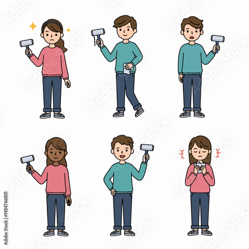 Digital Tablet Expressions: A diverse group of young adults showcase an array of expressions while interacting with a digital tablet, their faces conveying emotions, from joy to concern.