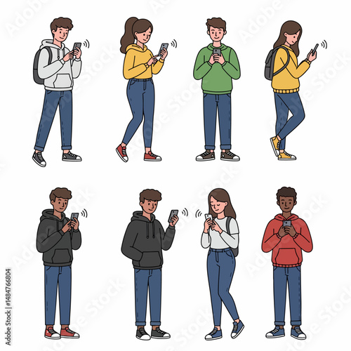 Digital Connection Illustration: An illustration of eight diverse individuals engrossed in their smartphones, highlighting the widespread reliance on technology for communication and entertainment.