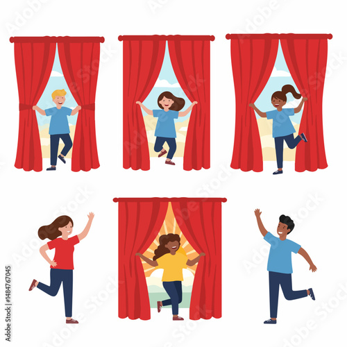Curtain Reveal: Diverse children joyfully reveal the bright outdoors, peeking and peeking through vibrant red curtains. A sense of anticipation and wonder is beautifully captured.