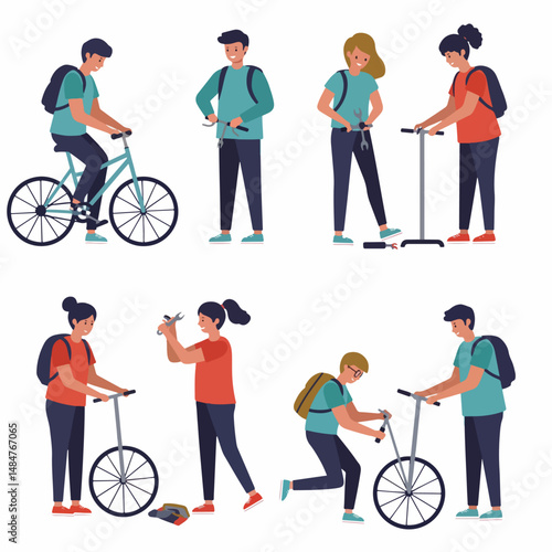Daily Cycling Routine: A vibrant illustration captures individuals engrossed in their daily cycling activities, from riding and adjusting bikes to carrying tools.