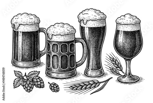 Vintage engraving of beer mugs with foam and hops, classic brewery elements vector illustration isolated on transparent background