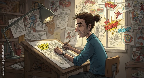 Cartoonist working in creative studio