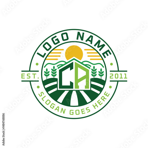 Modern Farmhouse CA Logo Design. Letter CA Agriculture Logo with Sun, Field, and Nature Elements