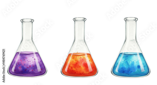 Three Chemical Flasks with Colorful Liquids in a Science Setting