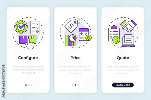 CPQ process onboarding mobile app screen. Product management. Walkthrough 3 steps editable graphic instructions with linear concepts. UI, UX, GUI. Montserrat SemiBold, Regular fonts used