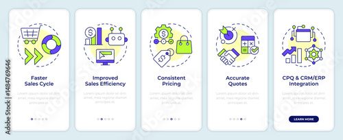Quote management onboarding mobile app screen. Pricing strategy. Walkthrough 5 steps editable graphic instructions with linear concepts. UI, UX, GUI. Montserrat SemiBold, Regular fonts used