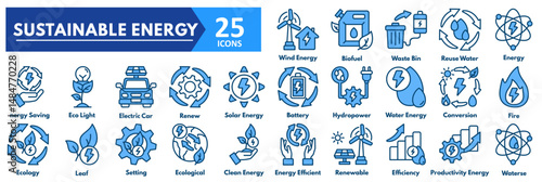 Sustainable Energy icon set. with icons of wind, biofuel, waste bin, reuse water, energy, saving, eco light, electric car, renew, sola, battery, hydropower, water energy 