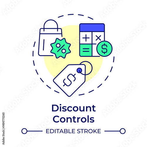 Discount controls multi color concept icon. Price management, calculation. Profit, cost. Round shape line illustration. Abstract idea. Graphic design. Easy to use in infographic, article