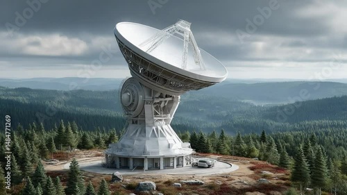Unveiling the Cosmos: A massive radio telescope stands sentinel atop a verdant hill, poised to intercept signals from the universe, embodying the spirit of discovery and technological marvel.
