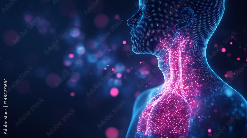 Abstract rendering of a human figure showing internal organs with glowing lights Abstract rendering of a human figure showing internal organs with glowing lights