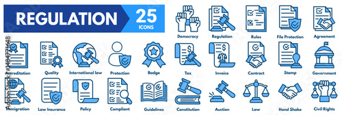 Regulation icon collection set vector illustration concept with icon of Constitution,Auction,Law,Hand Shake,Civil Rights,Democracy,Regulation,Rules,File Protection,Agreement,Accreditation,Quality 