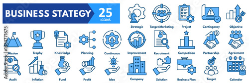 Business Strategy icon set. with icons of strategic, target marketing, project, contingency, objective, mission, trophy, knowledge, planning, continuous, improvement, recruitment,competition, partner 