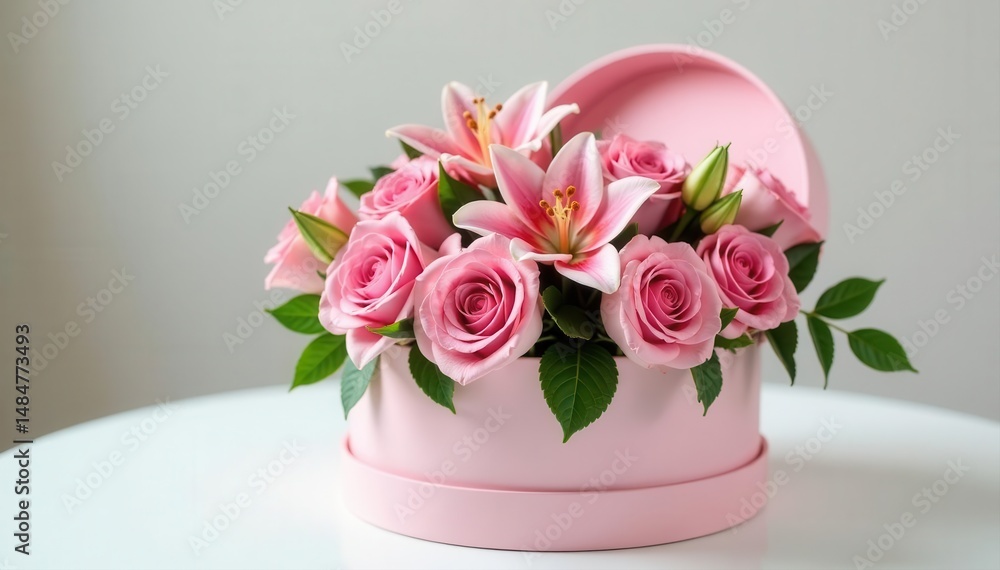 Pink roses & lilies in round hat box, white table, pink roses, holiday Pink roses & lilies in round hat box, white table, pink roses, holiday