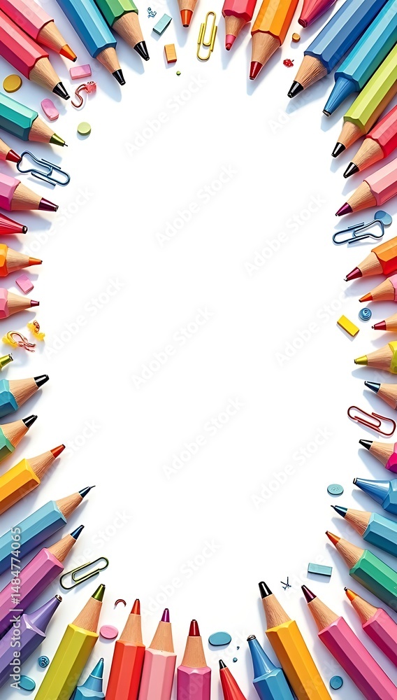 Fototapeta premium Colorful stationery items arranged around the edges of a white background, forming a creative copy space frame.