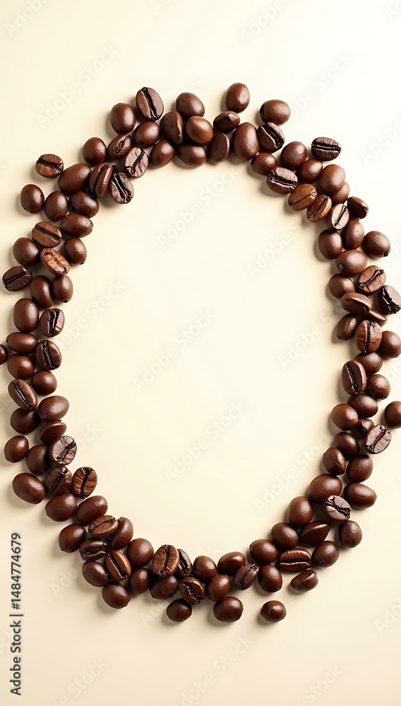 A flat lay of coffee beans arranged in a circular frame on a neutral background, leaving copy space in the center.
A flat lay of coffee beans arranged in a circular frame on a neutral background, leaving copy space in the center.