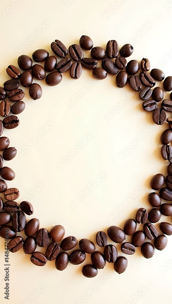 A flat lay of coffee beans arranged in a circular frame on a neutral background, leaving copy space in the center.
A flat lay of coffee beans arranged in a circular frame on a neutral background, leaving copy space in the center.