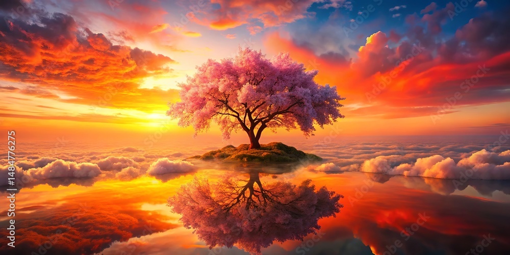 Obraz premium Solitary sakura tree in full bloom with vivid fuchsia blossoms under spring sky in peaceful setting.