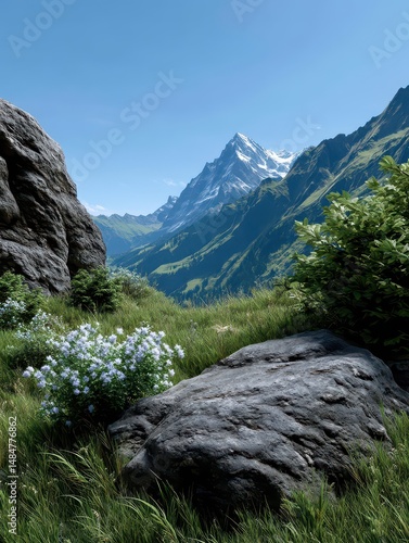 Wildflower Meadow in Alpine Landscape - Lush Green Grass, Mountain Backdrop, Sunlight, Nature, Scenic Vista, Blooming Field