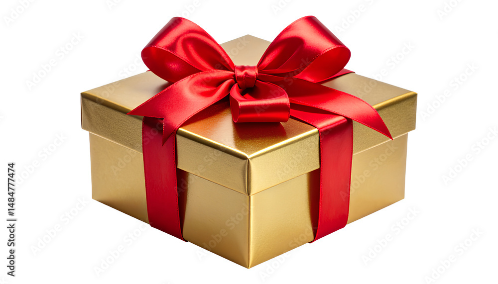 Elegant Gold Present Box with Red Satin Ribbon Isolated Gift Package Transparent Background PNG Elegant Gold Present Box with Red Satin Ribbon Isolated Gift Package Transparent Background PNG