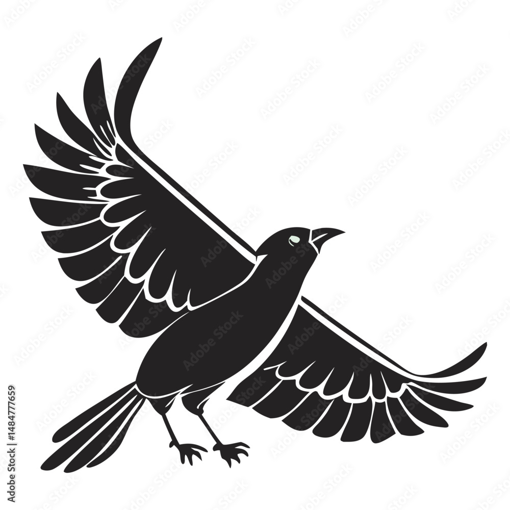 Obraz premium Vector illustration of a black bird with open wings in flight on a white background