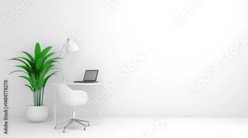 Wallpaper Mural A minimalist white room with a desk, chair, and plant. Torontodigital.ca
