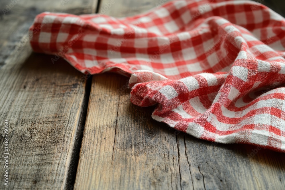 Fototapeta premium Red and white checkered napkin on a rustic wooden table surface. Use for food photography, product mockups, or design elements.