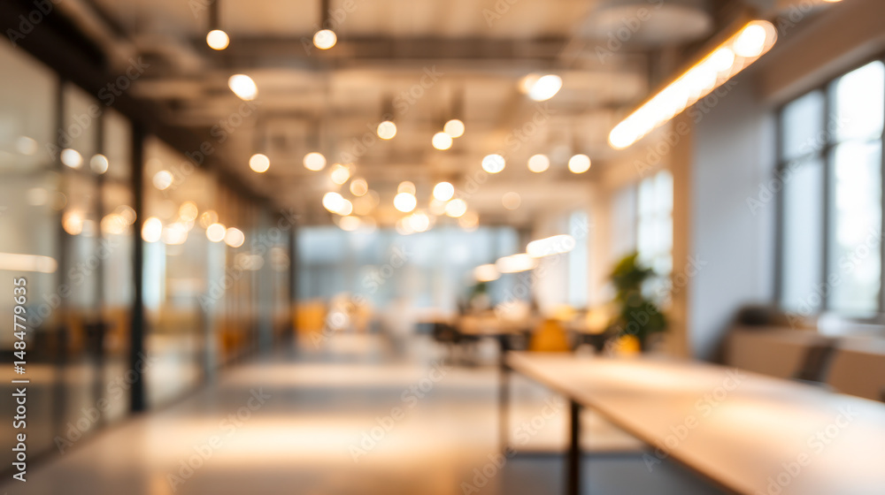 Fototapeta premium Modern office interior with blurred background showcasing open workspace and lighting