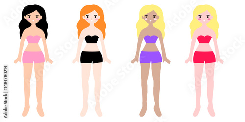 woman paper cut dress isolated on white background. Paper doll with clothes set. Cute girl. Template for cutting.
